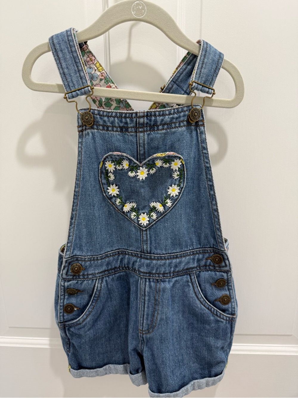 Mini Boden Blue Denim Short Overalls with Daisy Heart